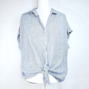 Weatherproof Vintage Washable Linen Women's Top XXL Blue and White Pinstripe